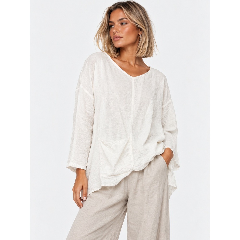 Eleven Stitch Design White Crinkle Lagenlook USA Made V-Neck Pocket Top S